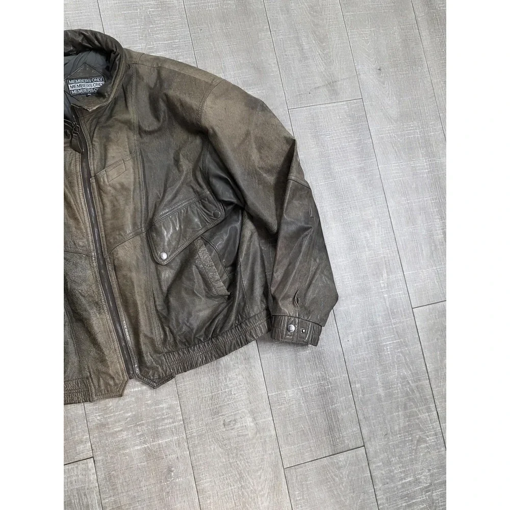 Members Only Leather Jacket Mens 46 Brown Bomber Hooded Full Zip Pockets Lined